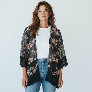 Boho Floral Kimono Cardigan |‎ Sheer Black Crochet Trim Open Front Top Small